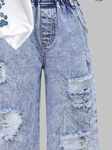 Set de 2 piezas para niñas pequeñas: Blusa de manga corta con cuello redondo y estampado de cachorrito + Pantalones vaqueros elásticos a la cintura desgastados, adecuado para primavera/verano, actividades diarias, al aire ocio - Multicolor - Ver 4