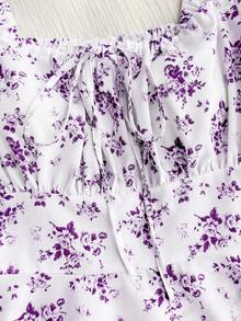 Trelyra Casual - Vacation Casual Tie Front Random Print Floral Shirt - Purple - View 4