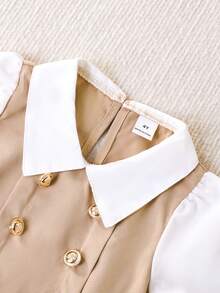 SHEIN Elladie kids 女童藏蓝色彼得潘领双排扣褶裥下摆长袖两用连衣裙，适合休闲、优雅、通勤、校园等场合。 - 黃色 - 查看 7