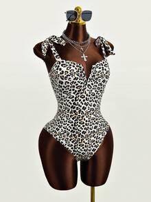 Zestiva Women's Leopard Print Knotted Shoulder Sexy One Piece Swimsuit, Vacation Style For Summer - Multicolor - View 7