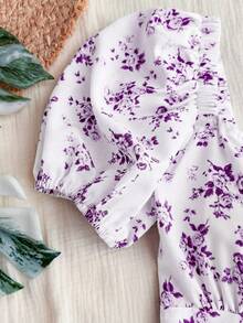 Trelyra Casual - Vacation Casual Tie Front Random Print Floral Shirt - Purple - View 5
