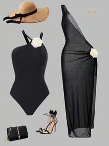 Swim Oasis 春夏黑色针织面料杏色花卉点缀单肩镂空露背修身连体泳衣，搭配黑色网纱单肩褶皱高开衩长裙，高级时尚女式泳装 - 黑色 - 查看 1