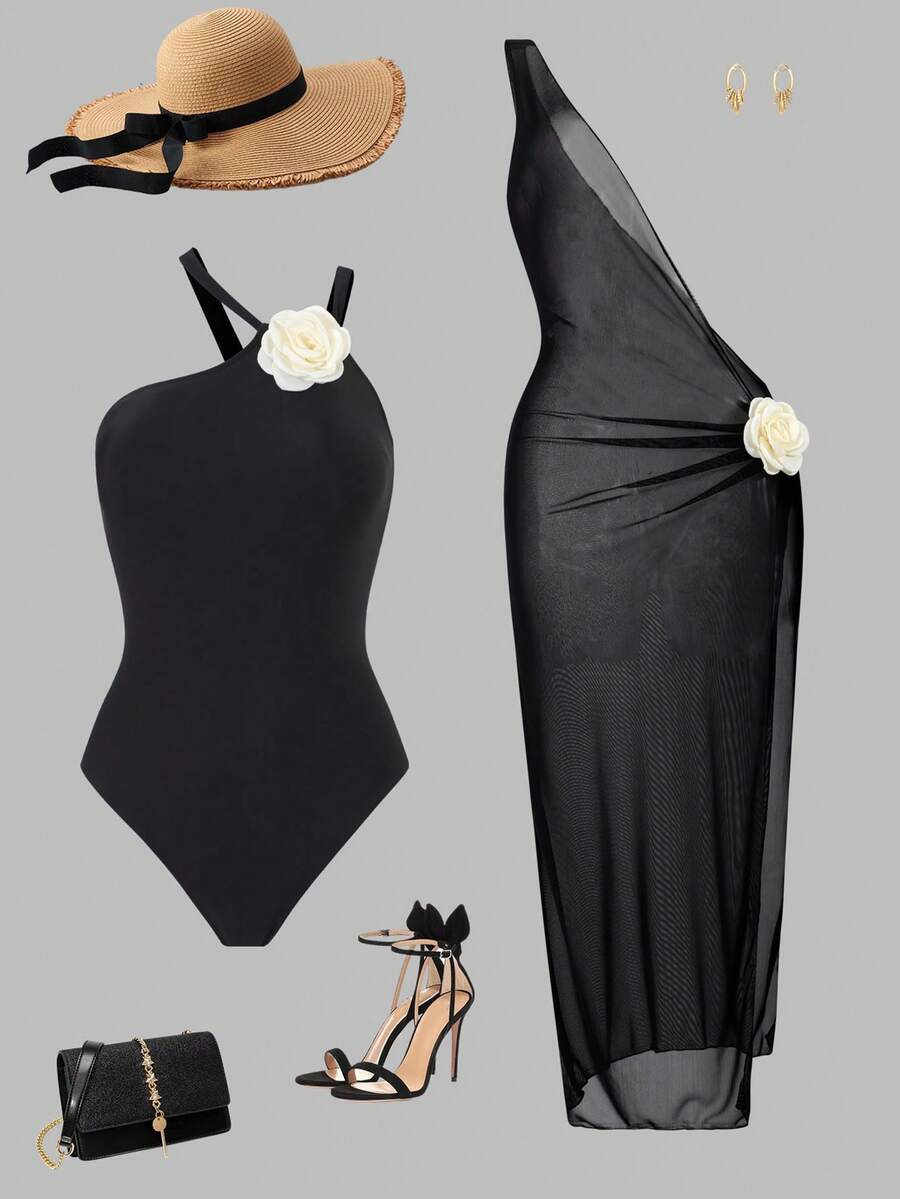 Swim Oasis 春夏黑色针织面料杏色花卉点缀单肩镂空露背修身连体泳衣，搭配黑色网纱单肩褶皱高开衩长裙，高级时尚女式泳装 - 黑色 - 查看 1