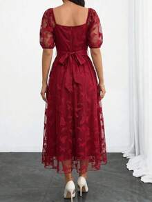 Modelyn Women's Red Short Sleeve Lace Cinched Waist A-Line Elegant Romantic Dress, Spring/Summer Women Elegant Dress Midi Dress Summer Elegant Dress Elegant Midi Dress - Red - View 2