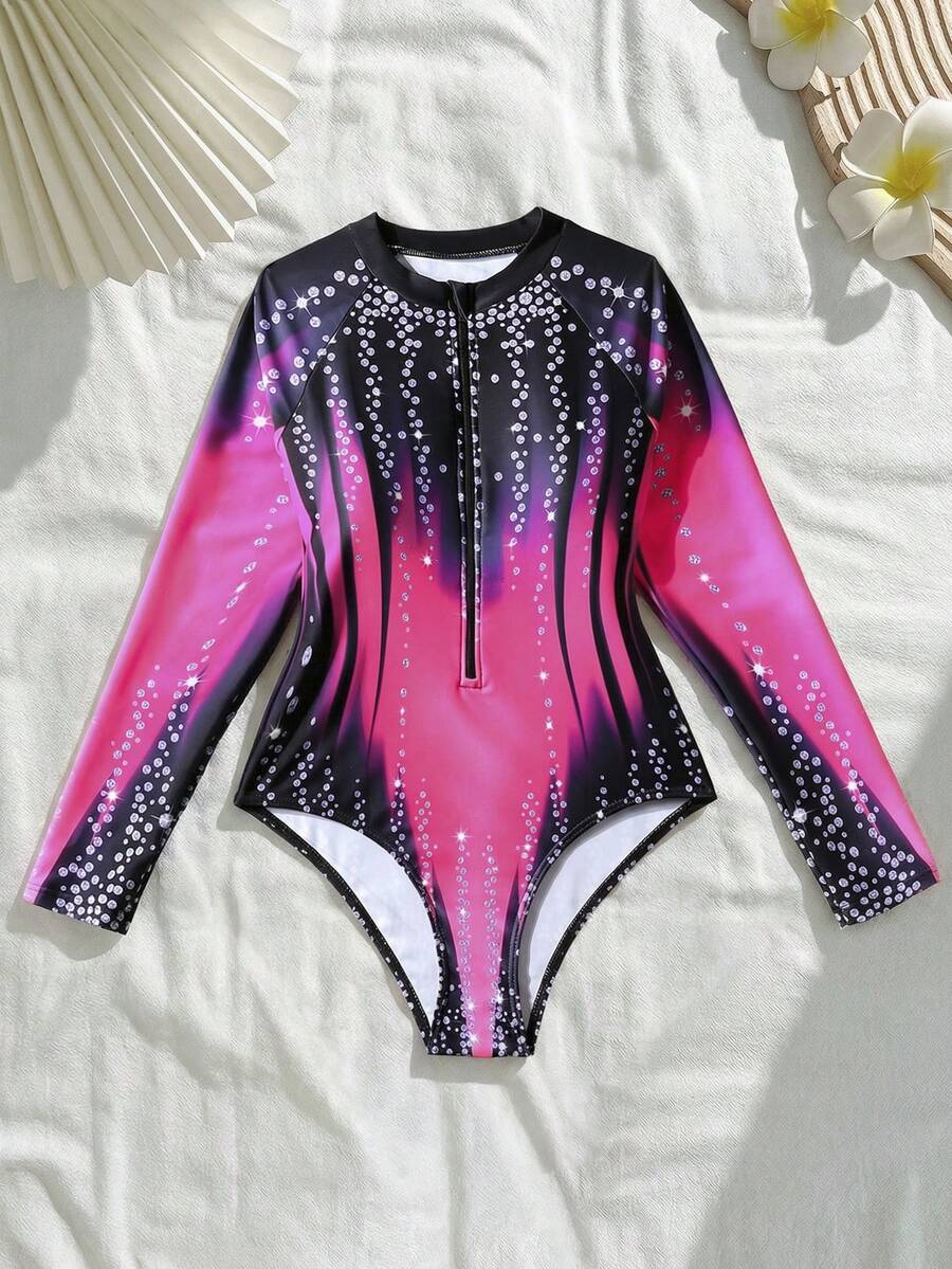 SHEIN Mädchen Langarm bedruckter Badeanzug mit Taillenschnitt Design - Schwarz - Übersicht 1