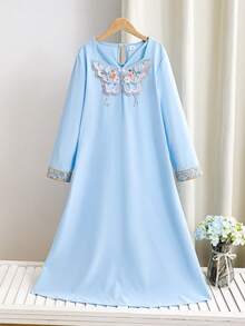 少女优雅蝴蝶刺绣连衣裙 - 藍色 - 查看 6