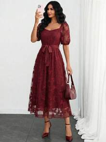 Modelyn Women's Red Short Sleeve Lace Cinched Waist A-Line Elegant Romantic Dress, Spring/Summer Women Elegant Dress Midi Dress Summer Elegant Dress Elegant Midi Dress - Red - View 5