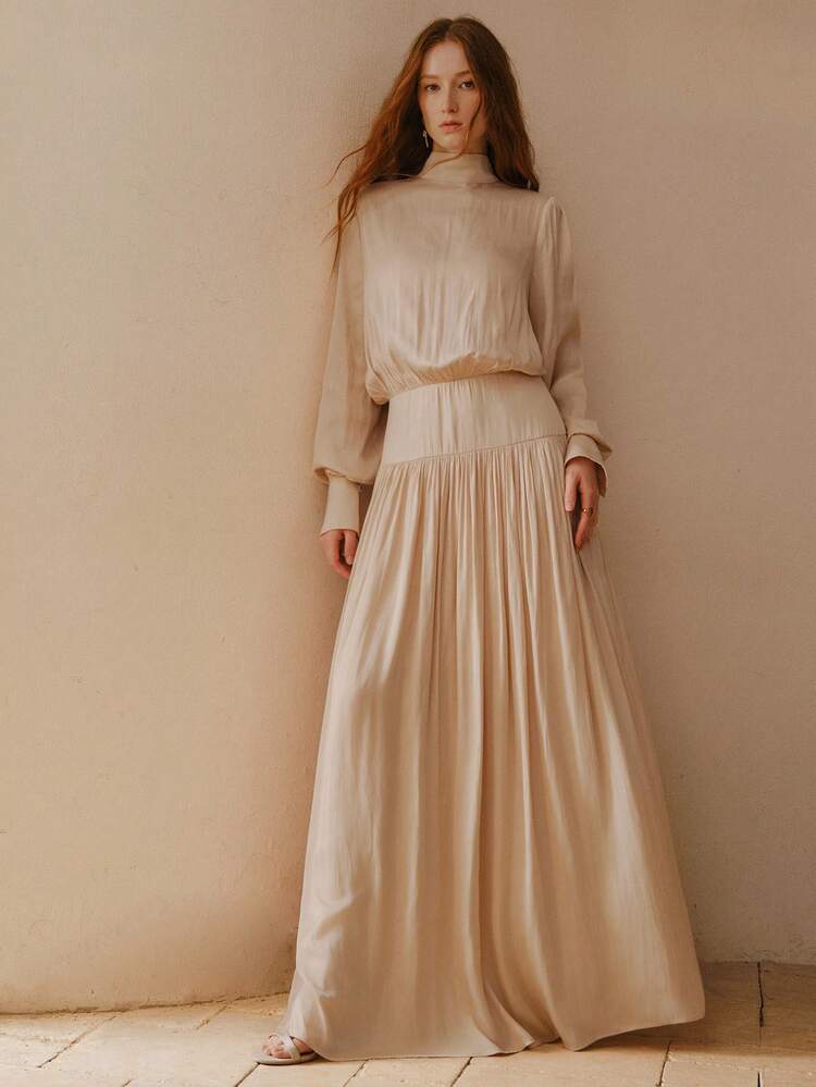 ELEGANT SATIN GATHERED HIGH NECK CINCHED WAIST DRESS FOR WOMEN, SPRING/SUMMER