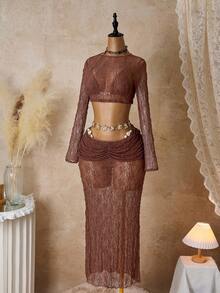 Bonvoyette 3pcs Lace Sheer Crop Top, High Waist Pleated Mini Skirt Sexy Outfit Set, Suitable For Dates - Coffee Brown - View 4
