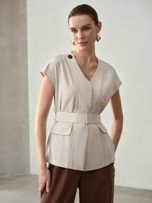 MOTF PREMIUM WOMEN'S SHORT SLEEVE V-NECK BELTED BLOUSE WITH STYLISH DESIGN, CHIC AND SLIMMING - Apricot - View 4