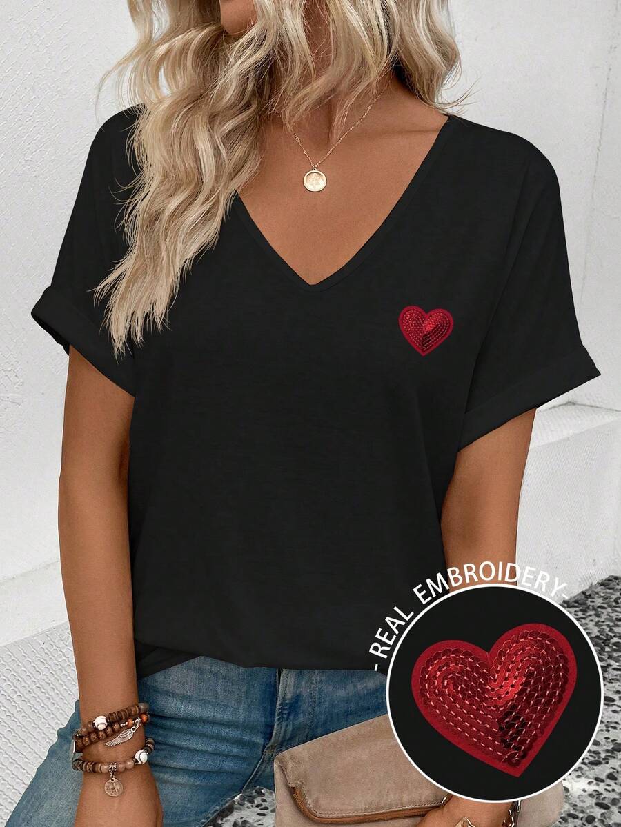 EMERY ROSE Women's Red Beaded & Embroidered V-Neck Short Sleeve Casual Versatile T-Shirt, Spring/Summer - Black - View 1