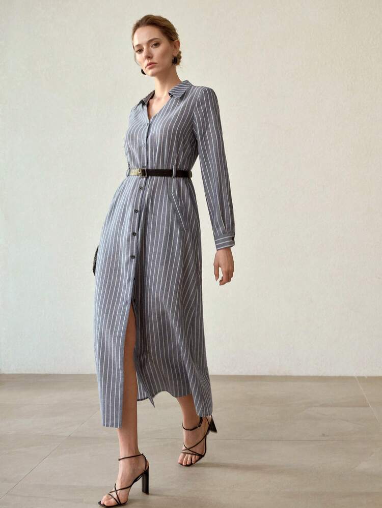 V-NECK STRIPED LONG SLEEVE LINEN MID-LENGTH DRESS FOR WOMEN