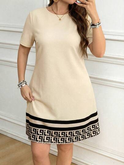 SHEIN LUNE 大码夏季休闲几何印花短袖连衣裙