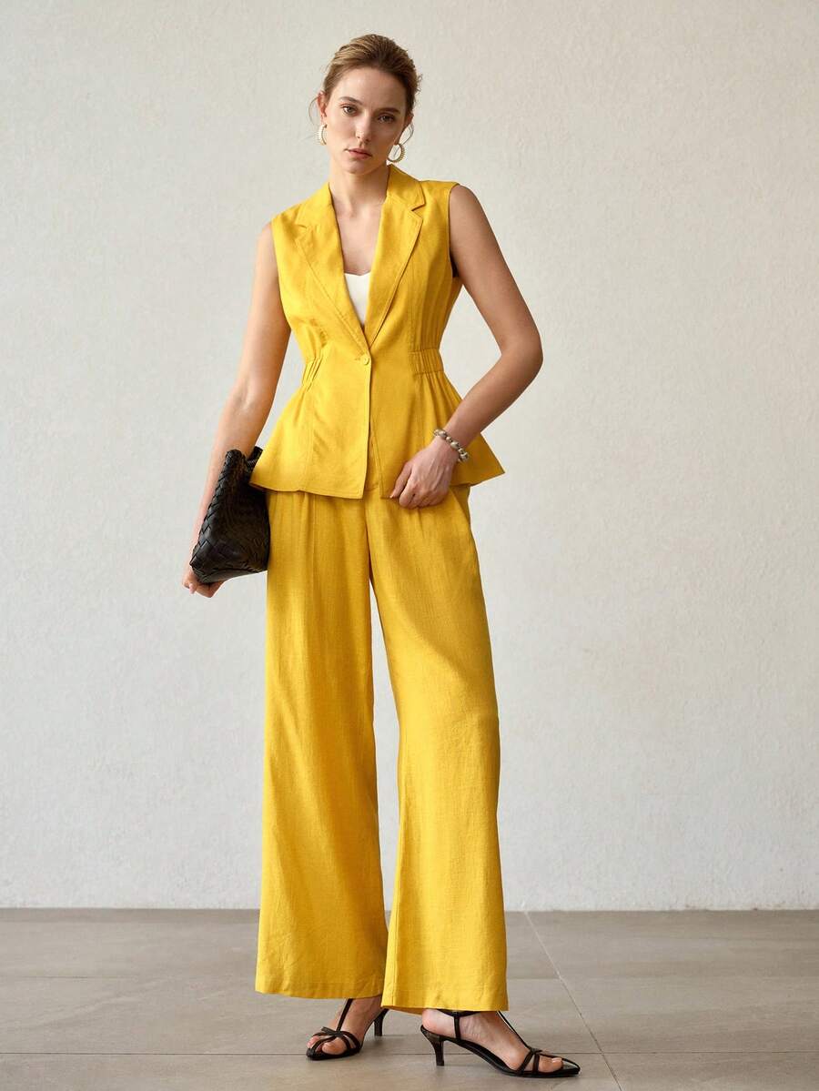 MOTF PREMIUM WOMEN'S LEMON YELLOW SINGLE BUTTON WAIST CINCHED ELEGANT OFFICE BLAZER - Yellow - View 1