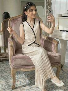 SHEIN Tween Girl Black And White Summmer Formal Contrast Color Button Front Vest Top And Pleated Wide Leg Pants Set,Young Girls Versatile 2 Piece Outfit - Apricot - View 7