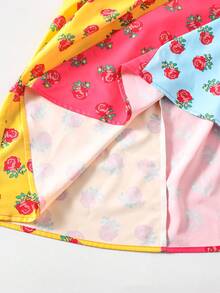 1pc Girls'pink Floral Summer Cute Party Dress,Cartoon Print,Ruffled Puff Short Sleeves,Flared Midi Length,Lightweight Colorblock Casual Festival Wear - Multicolor - View 5