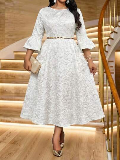 SHEIN Lady CURVE Plus Size Elegant White Solid Color Jacquard Party Dress Summer Dress  Spring Outfit Women   Party Dress  Elegant Dresses For Party  Wedding Guest Dress For Women Formal Dresses For Women Luxury Evening Dress For Women   Sparkly Dress  Valentine's Day