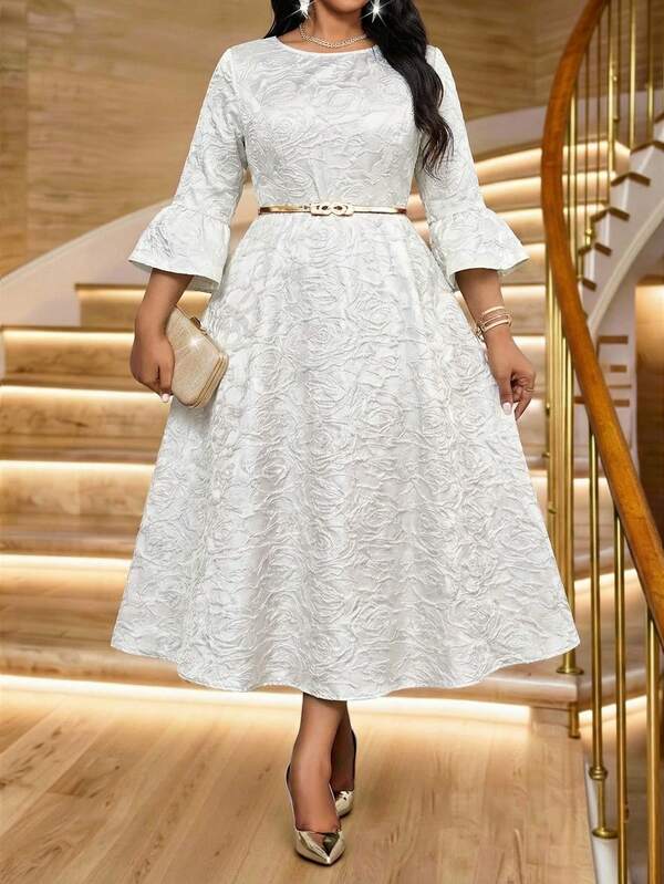 SHEIN Lady CURVE Plus Size Elegant White Solid Color Jacquard Party Dress Summer Dress  Spring Outfit Women   Party Dress  Elegant Dresses For Party  Wedding Guest Dress For Women Formal Dresses For Women Luxury Evening Dress For Women   Sparkly Dress  Valentine's Day