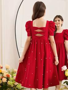 SHEIN 少女優雅方領羊腿袖珍珠裝飾蝴蝶結設計洋裝 - 紅色 - 查看 5