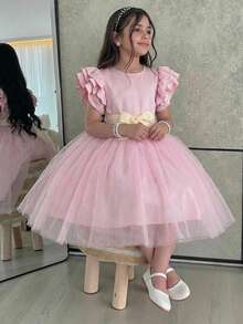 SHEIN Tween Girl Elegant Round Neck Ruffle Hem Mesh Overlay Dress - Pink - View 5