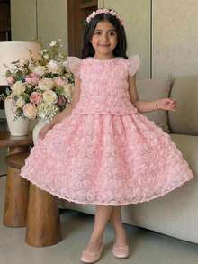 SHEIN Tween Girl Elegant Combo Round Neck Cap Sleeve Floral Fabric Blouse And Skirt Set - Pink - View 3