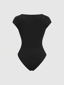 SHEIN LUNE Women's Square Neck Casual Minimalist Short Sleeve Bodysuit, Spring/Summer Fitted Bodysuit - Black - View 2