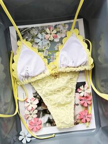 Swim Mod 2pcs/Set Women's 2026 Spring/Summer Swimwear & Swim Shorts, Triangle Bag, Special Fabric, Beach & Vacation Elegant Swimwear Set Yellow Bathing Suit Set Flower Bikini - Yellow - View 2