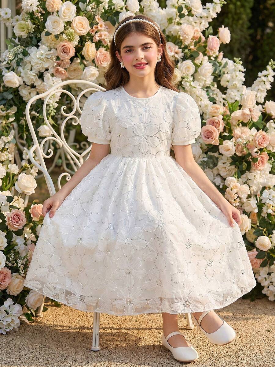 SHEIN 优雅的白色网纱刺绣花卉公主裙,时尚迷人,适合外出、派对、节日和度假。 - 白色 - 查看 1
