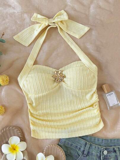 SHEIN 少女金属花朵装饰褶皱露背吊带背心