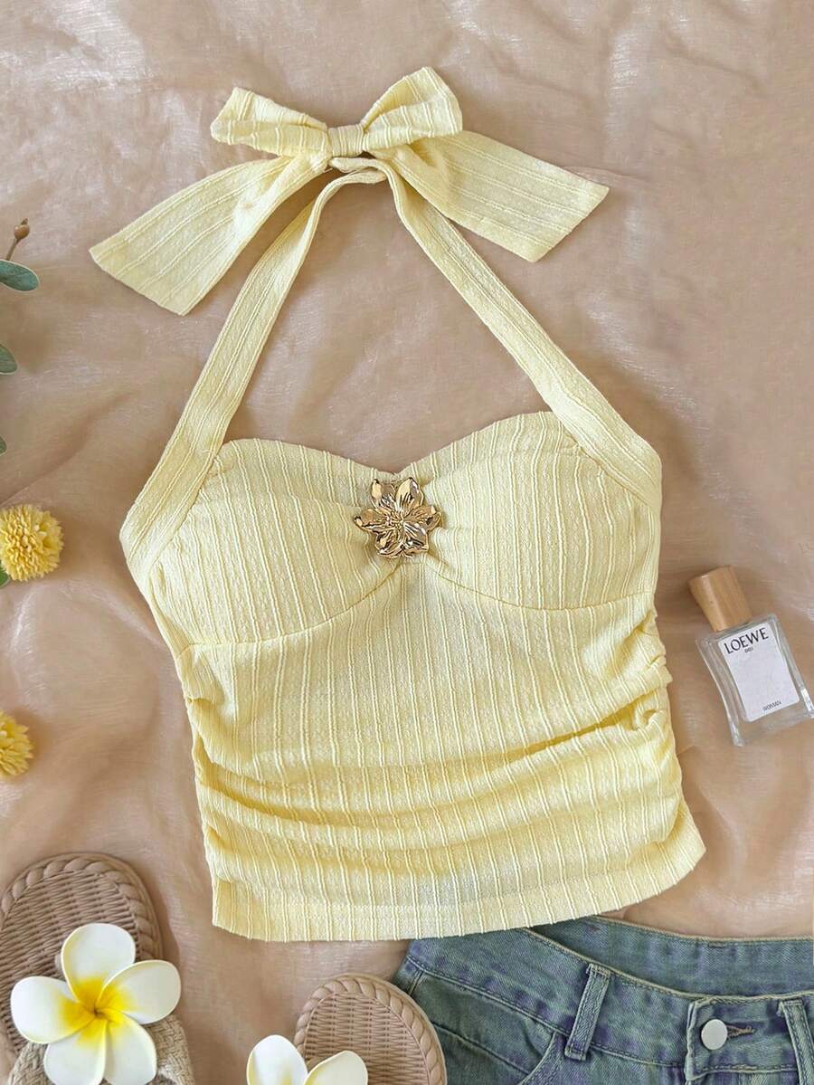 SHEIN 少女金属花朵装饰褶皱露背吊带背心 - 黃色 - 查看 1