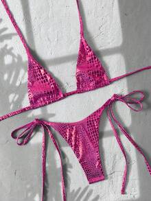 Swim SXY 两件套蛇纹挂脖三角比基尼上衣和侧系带泳裤性感泳装套装，春夏蛇纹比基尼亮片比基尼套装，三件套比基尼套装，水钻比基尼套装，粉色比基尼，交叉比基尼，钩针比基尼套装，两件套纹理比基尼 - 玫紅色 - 查看 6