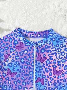 女童豹纹蝴蝶印花插肩袖拉链连体泳衣 - 紫色 - 查看 4