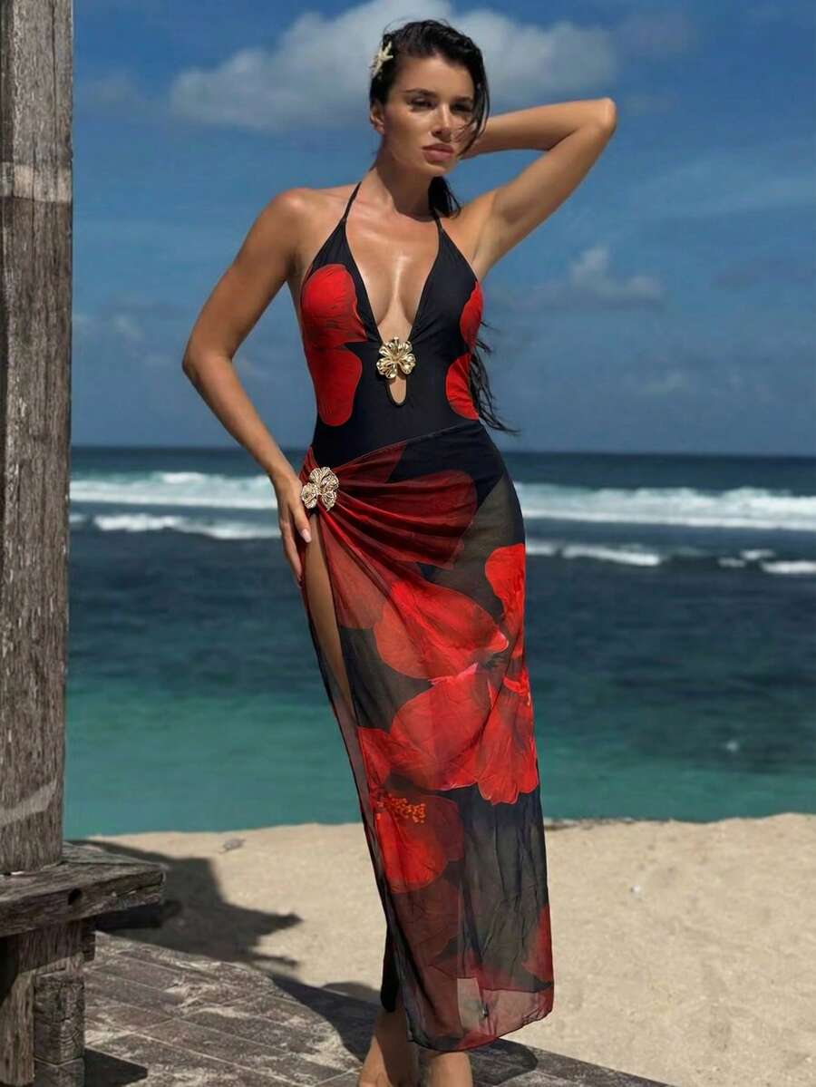 Swim Oasis 女士碎花裙泳衣，分体印花连体泳衣套装，配有网纱长裙和金属花瓣装饰 - 彩色 - 查看 1
