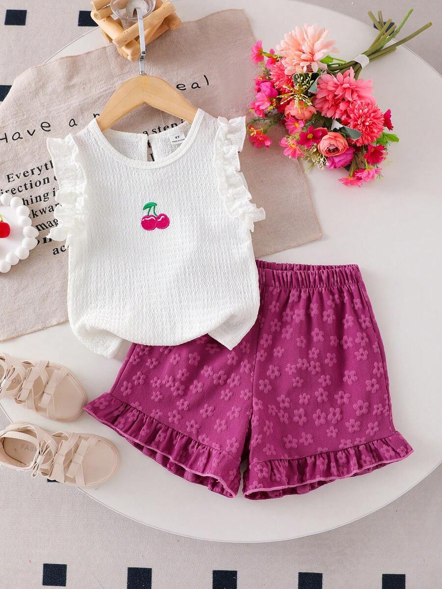 Genkimix Kids Young Girl (Small) Knitted Jacquard Ivory Ruffle Trim Camisole Top & Purple Ruffle Trim Shorts Set, Cute & Adorable Baby Summer Outfit - Purple - View 1