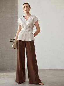 MOTF PREMIUM WOMEN'S SHORT SLEEVE V-NECK BELTED BLOUSE WITH STYLISH DESIGN, CHIC AND SLIMMING - Apricot - View 2