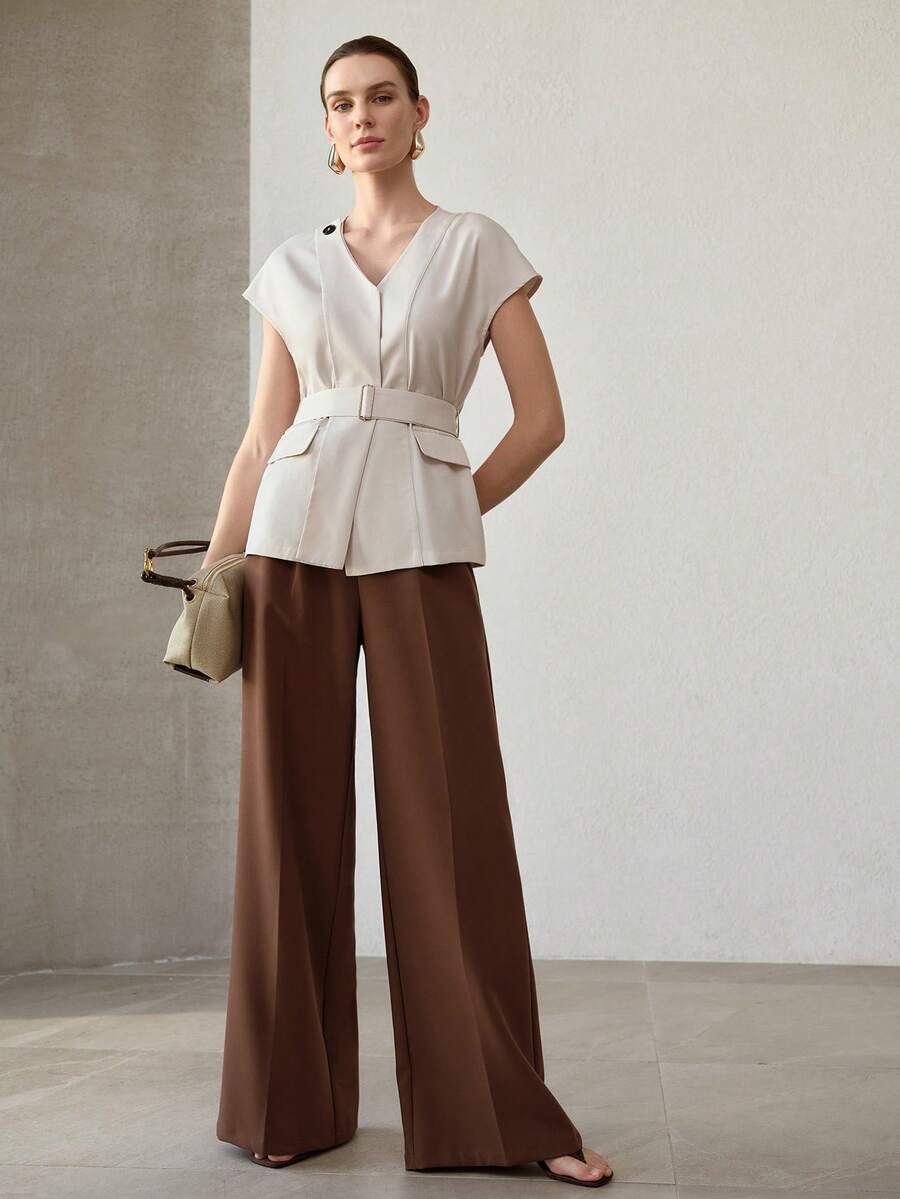 MOTF PREMIUM WOMEN'S SHORT SLEEVE V-NECK BELTED BLOUSE WITH STYLISH DESIGN, CHIC AND SLIMMING - Apricot - View 2