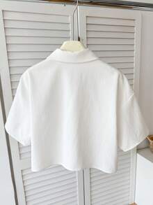 SHEIN 少女纯白衬衫，饰有刺绣装饰，纯白短袖上衣，适合日常穿着、返校季以及春夏日常穿着。 - 白色 - 查看 2