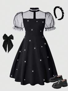 优雅奢华黑色网纱串珠连衣裙，适合晚宴、婚礼、花童、舞会及其他场合。 - 黑色 - 查看 3