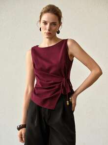 MOTF PREMIUM STYLISH TIE-UP BEADED RUCHED SLEEVELESS SLIM FIT TANK TOP - Violet Purple - View 4