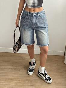 SHEIN Women's Fashion Casual Rhinestone Embellished Wide Leg Denim Shorts - Light Wash - View 5