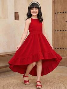 SHEIN Đầm dự tiệc mùa hè thường ngày cho bé gái tuổi teen, chất liệu jacquard dệt họa tiết, màu trơn, hở lưng, vạt bất đối xứng, màu đỏ. - Đỏ - Xem 5