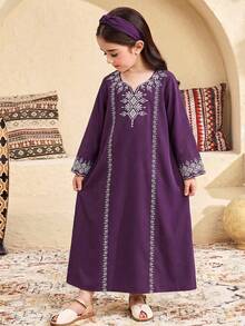 SHEIN Young Girl Geometric Pattern Long Sleeve Loose Dress - Purple - View 3