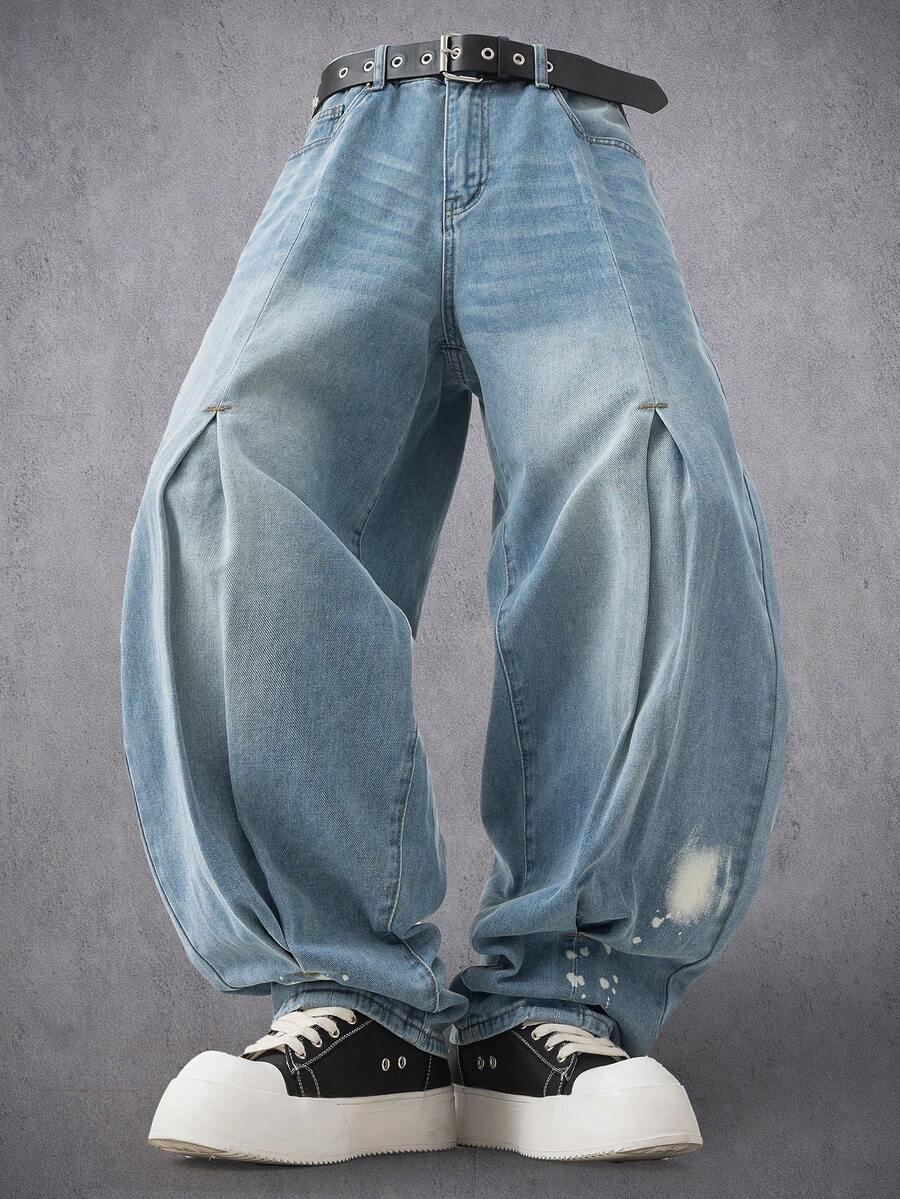 Manfinity Denimwave 男士褶皱宽松时尚系带休闲百搭牛仔裤 - 藍色 - 查看 1