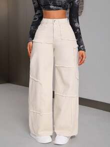 EMERY ROSE Plus Size Women High Waist Frayed Hem Wide Leg Loose Casual Jeans - Beige - View 3