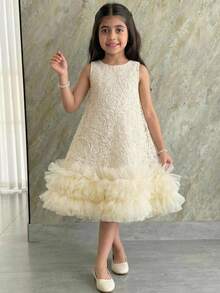 SHEIN 少女优雅蕾丝刺绣网纱下摆无袖圆领连衣裙 - 杏色 - 查看 7