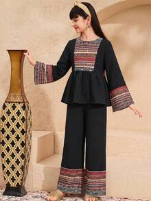 SHEIN Tween Girls' Geometric Print Flare Sleeve Shirt And Pants Casual Outfit - Black - View 1