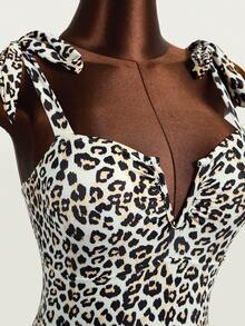 Zestiva Women's Leopard Print Knotted Shoulder Sexy One Piece Swimsuit, Vacation Style For Summer - Multicolor - View 5