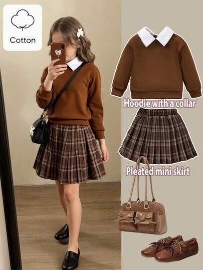 SHEIN 女小童拼接領運動衫&格紋百褶半身裙