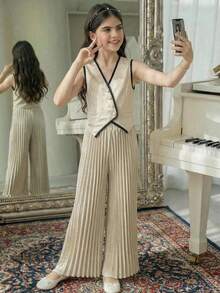 SHEIN Tween Girl Black And White Summmer Formal Contrast Color Button Front Vest Top And Pleated Wide Leg Pants Set,Young Girls Versatile 2 Piece Outfit - Apricot - View 4