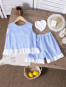 Sparklyn Bộ đồ dễ thương cho bé gái tuổi teen: áo tank top và quần short kẻ caro phối bèo nhún, có nơ trang trí. - Xanh và trắng - Xem 2